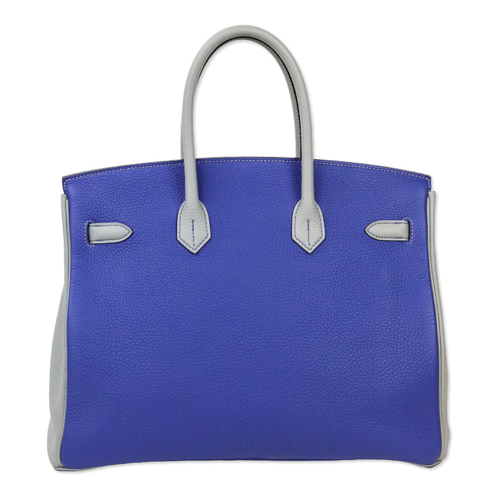 Hermès HSS Bicolor Bleu Électrique and Gris Mouette Togo Retourne Birkin 35 with Brushed Palladium Hardware