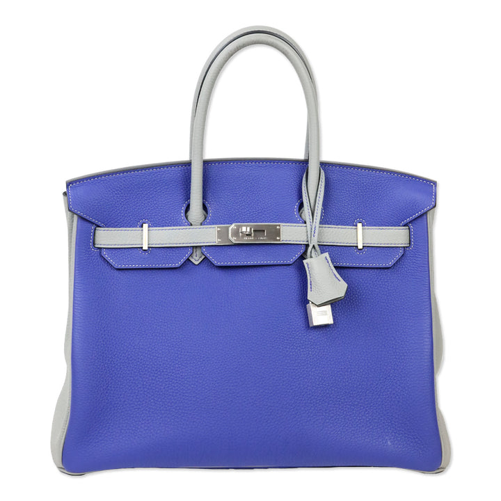 Hermès HSS Bicolor Bleu Électrique and Gris Mouette Togo Retourne Birkin 35 with Brushed Palladium Hardware