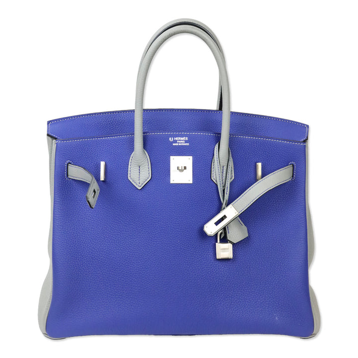 Hermès HSS Bicolor Bleu Électrique and Gris Mouette Togo Retourne Birkin 35 with Brushed Palladium Hardware