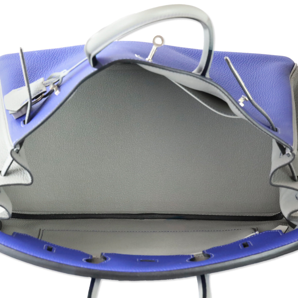Hermès HSS Bicolor Bleu Électrique and Gris Mouette Togo Retourne Birkin 35 with Brushed Palladium Hardware