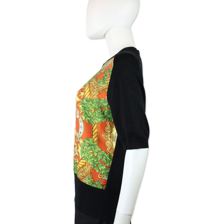 Hermes "L'Harmonie et l'amour soient dans les esprits et dans les coeurs des hommes" Silk Panel Black Knit Top
