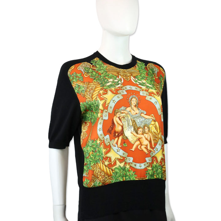 Hermes "L'Harmonie et l'amour soient dans les esprits et dans les coeurs des hommes" Silk Panel Black Knit Top