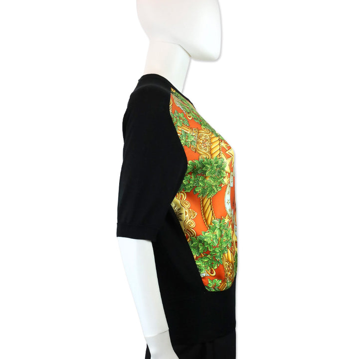 Hermes "L'Harmonie et l'amour soient dans les esprits et dans les coeurs des hommes" Silk Panel Black Knit Top