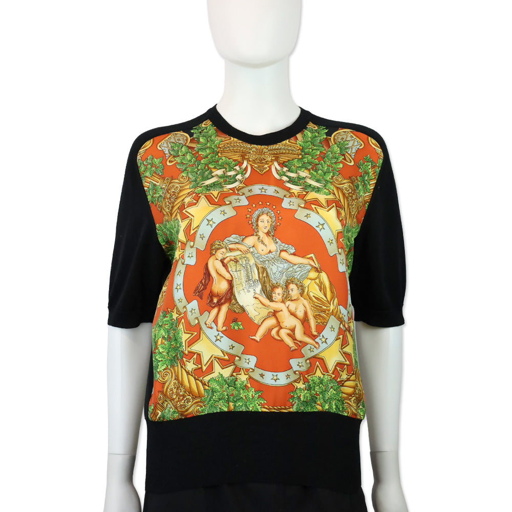 Hermes "L'Harmonie et l'amour soient dans les esprits et dans les coeurs des hommes" Silk Panel Black Knit Top