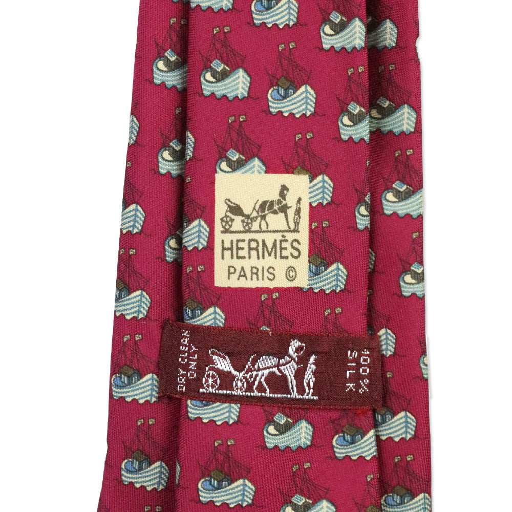 Hermès Magenta Boat Pattern Silk Tie