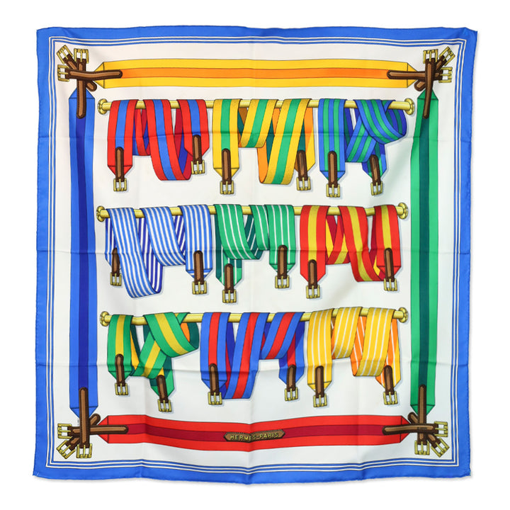 Hermès Navy-Off-White-Multi Les Sangles J. Mentz Silk Scarf 90