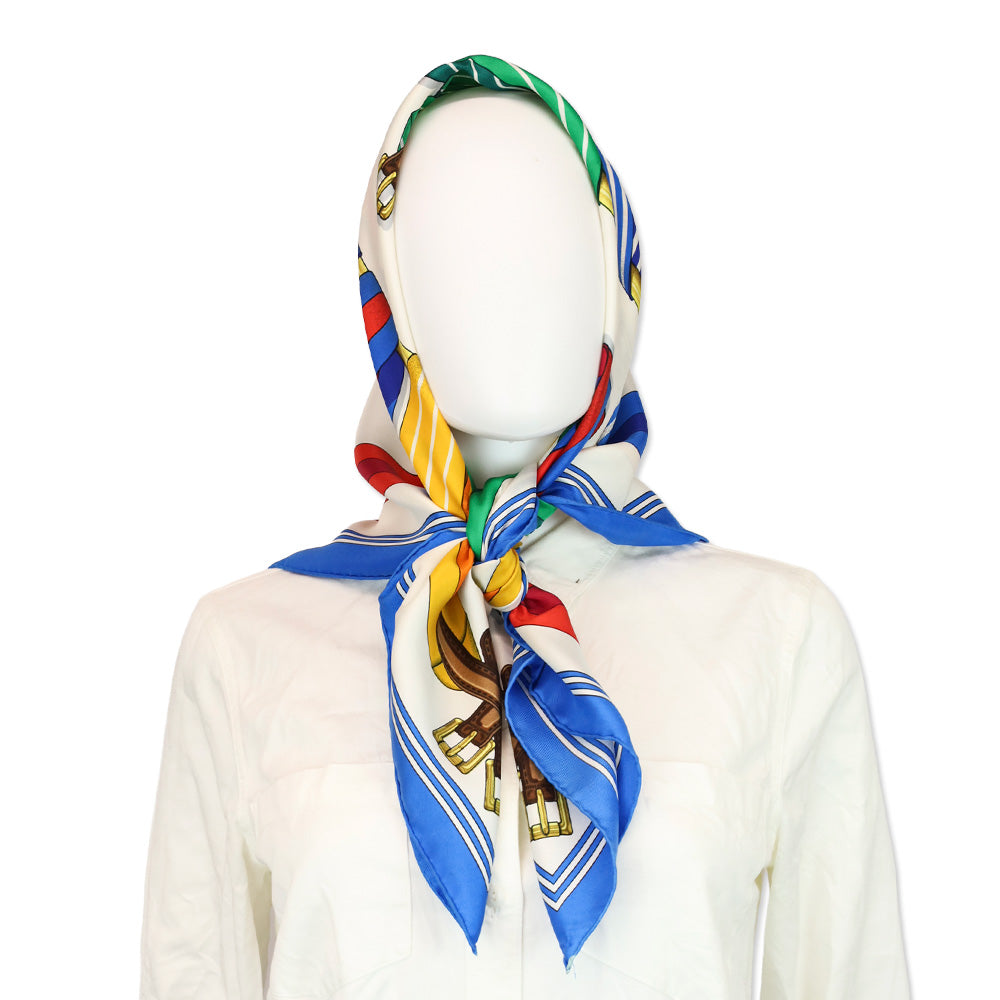 Hermès Navy-Off-White-Multi Les Sangles J. Mentz Silk Scarf 90