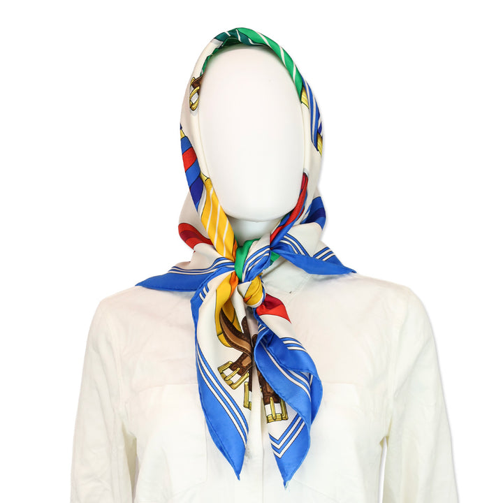 Hermès Navy-Off-White-Multi Les Sangles J. Mentz Silk Scarf 90