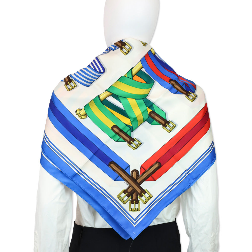 Hermès Navy-Off-White-Multi Les Sangles J. Mentz Silk Scarf 90