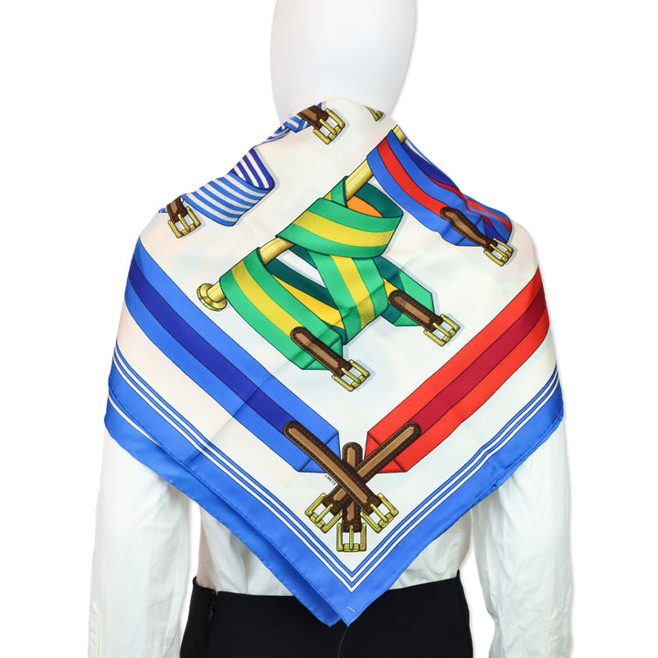Hermès Navy-Off-White-Multi Les Sangles J. Mentz Silk Scarf 90
