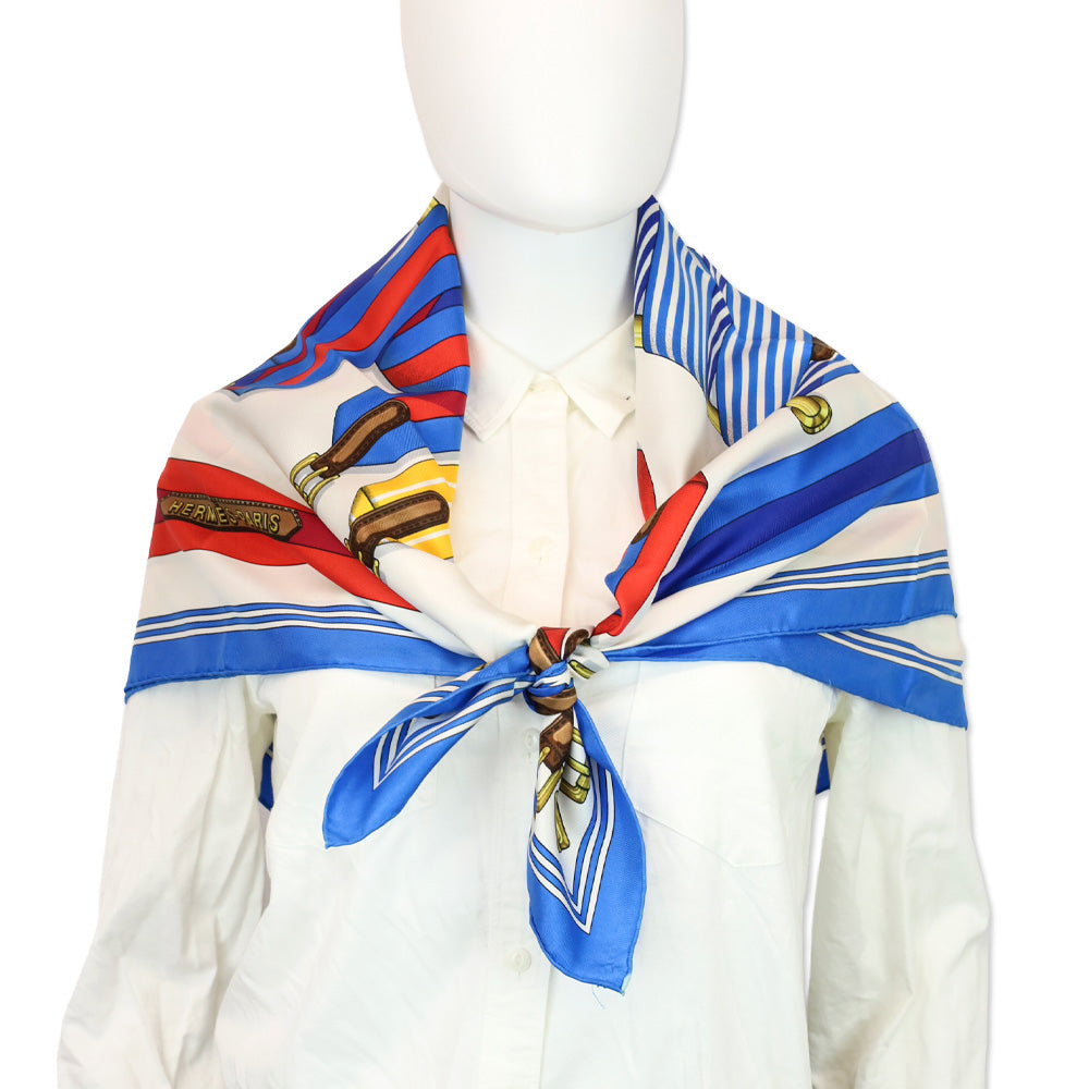 Hermès Navy-Off-White-Multi Les Sangles J. Mentz Silk Scarf 90