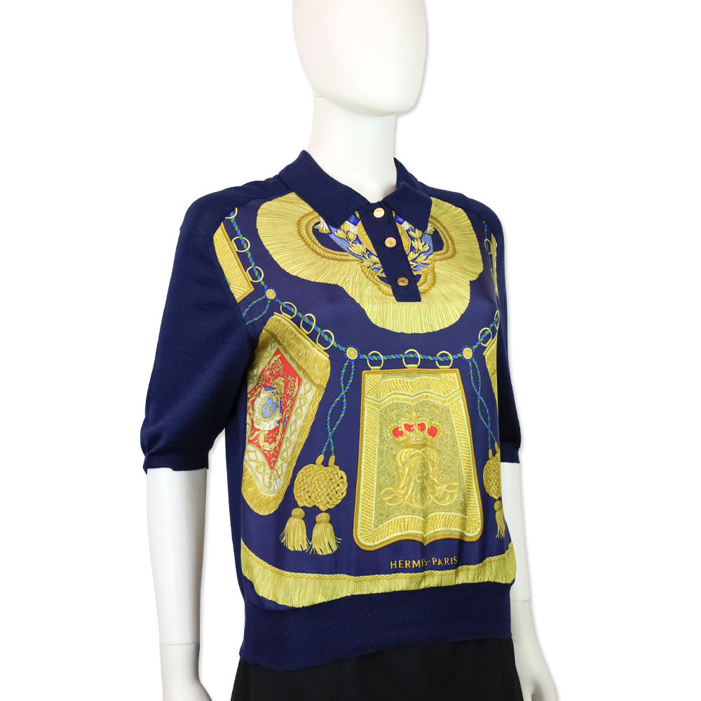 Hermès Navy Poste et Cavalerie Silk Carré Polo Sweater