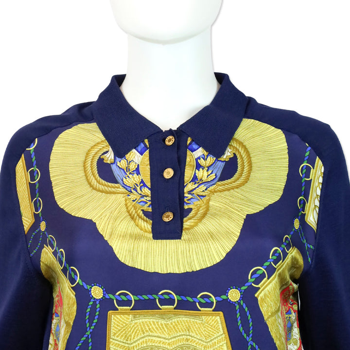Hermès Navy Poste et Cavalerie Silk Carré Polo Sweater