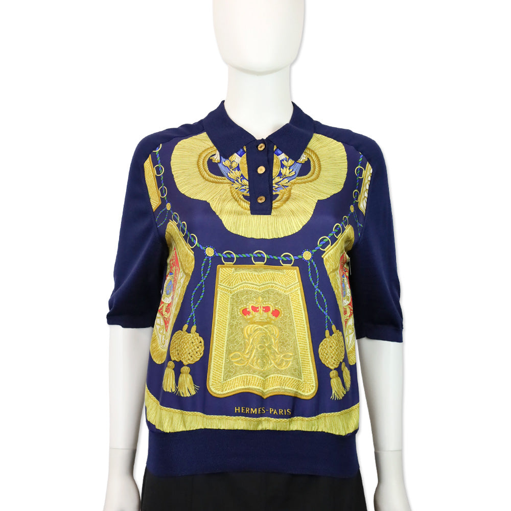 Hermès Navy Poste et Cavalerie Silk Carré Polo Sweater