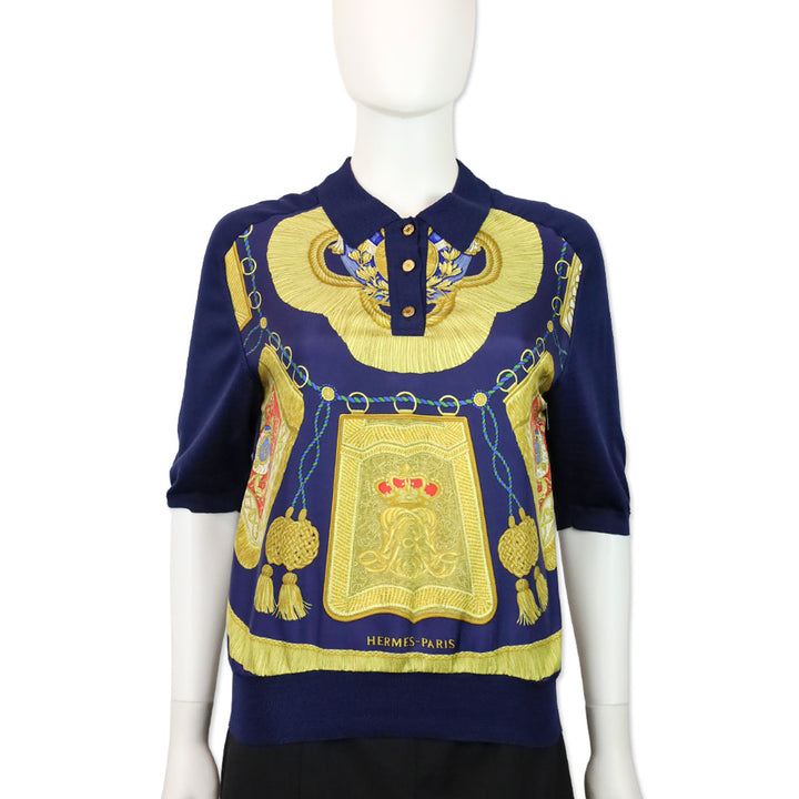 Hermès Navy Poste et Cavalerie Silk Carré Polo Sweater