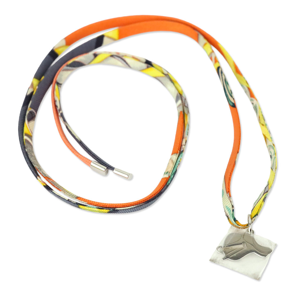Hermès Orange Silk Silver Saddle Charm Tourbillon Necklace