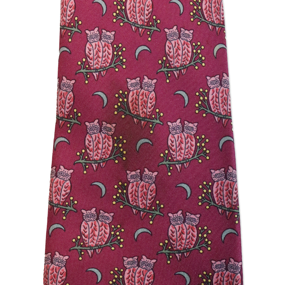 Hermès Purple Owl Crescent Moon Pattern Silk Tie