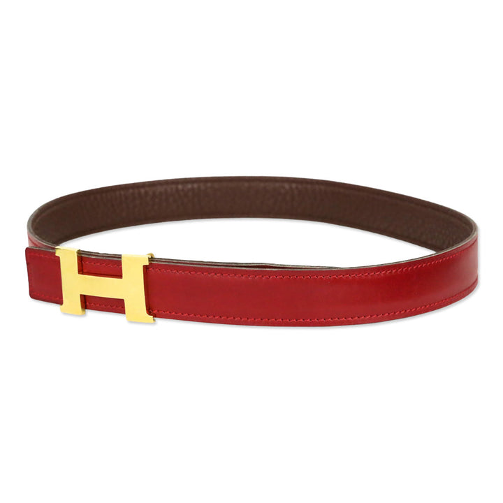 Hermès Reversible Rouge H/Brown Leather Gold Mini Constance Buckle Thin Belt