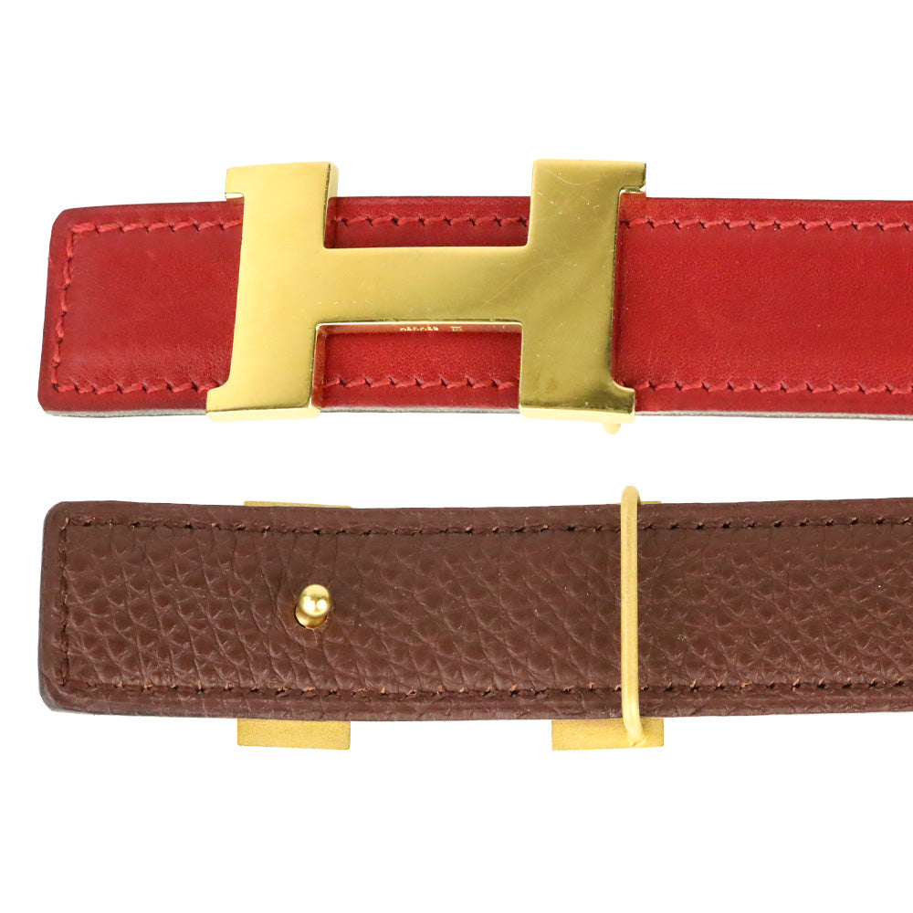 Hermès Reversible Rouge H/Brown Leather Gold Mini Constance Buckle Thin Belt