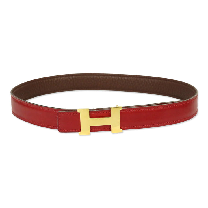Hermès Reversible Rouge H/Brown Leather Gold Mini Constance Buckle Thin Belt