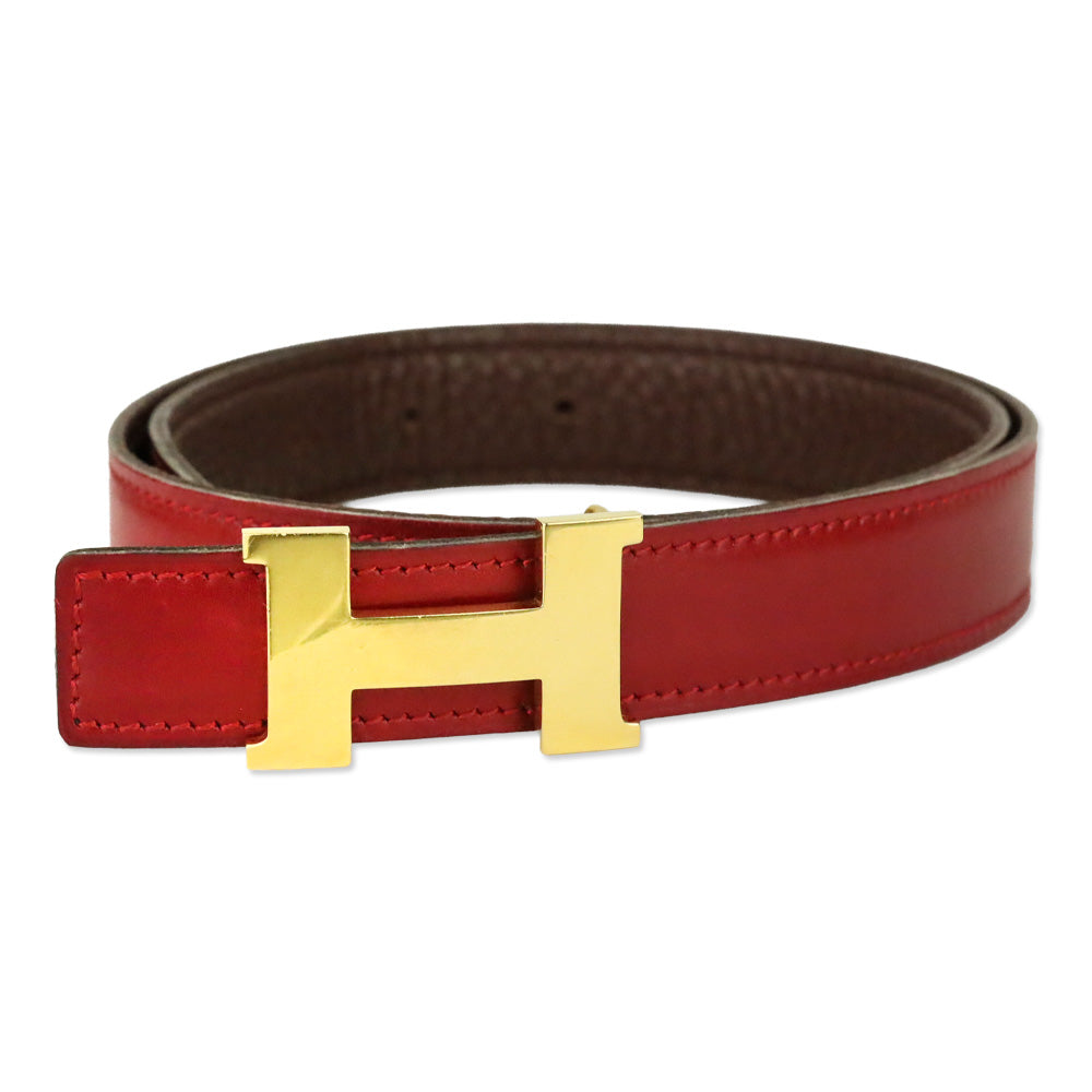 Hermès Reversible Rouge H/Brown Leather Gold Mini Constance Buckle Thin Belt