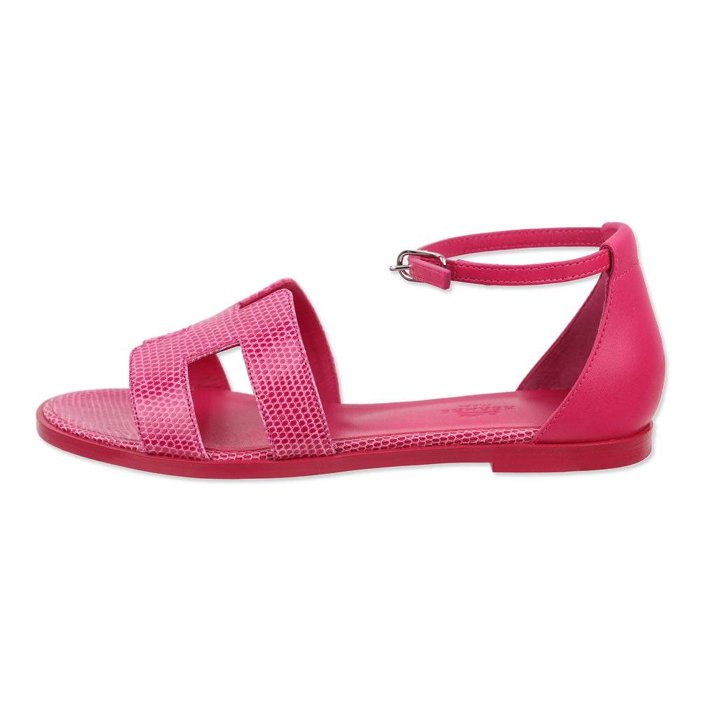 Hermès Rose Flash Lizard Santorini Sandals Palladium Hardware