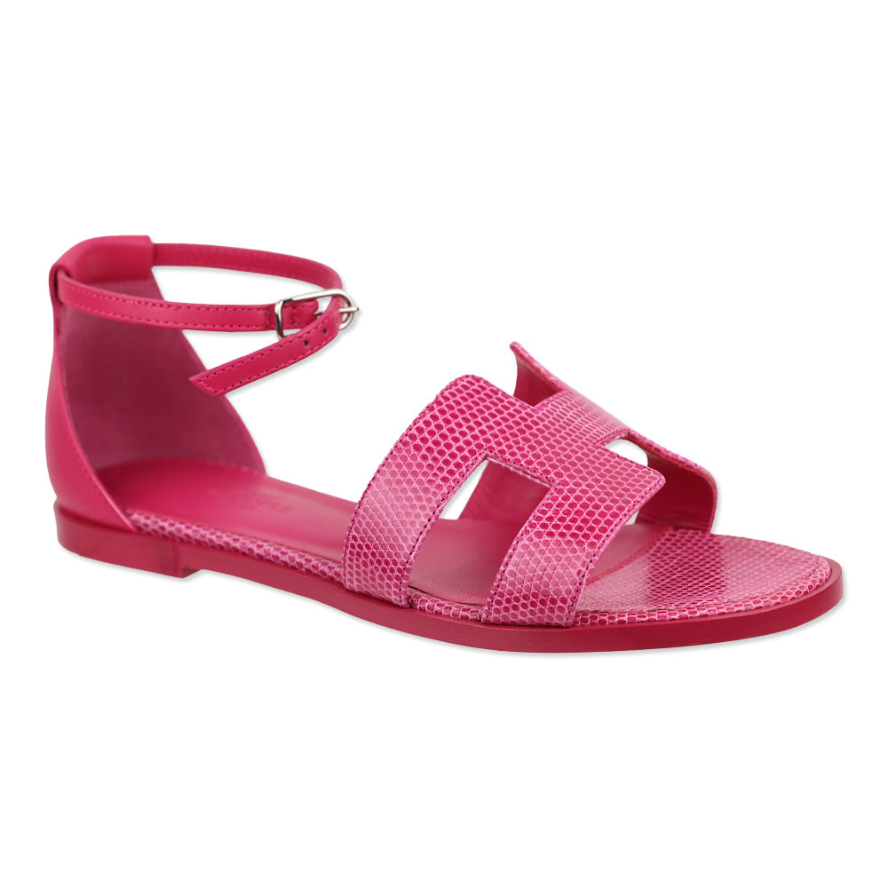 Hermès Rose Flash Lizard Santorini Sandals Palladium Hardware