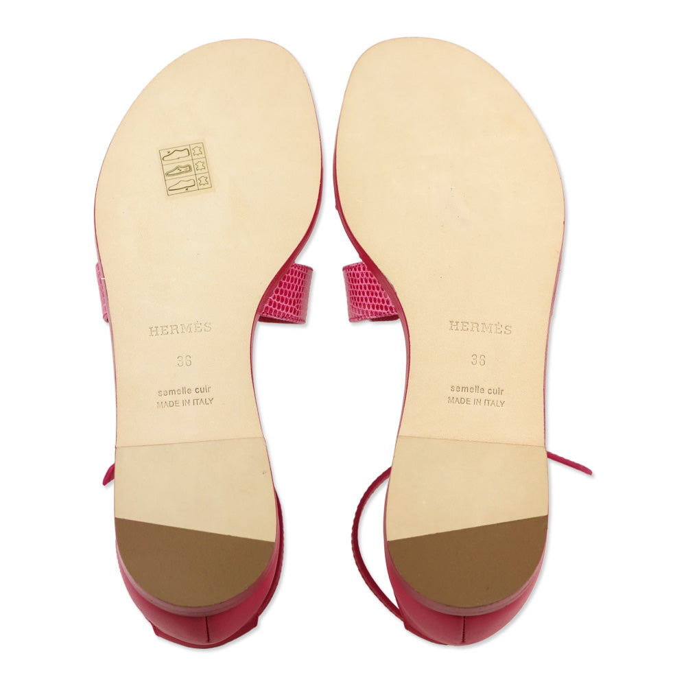 Hermès Rose Flash Lizard Santorini Sandals Palladium Hardware