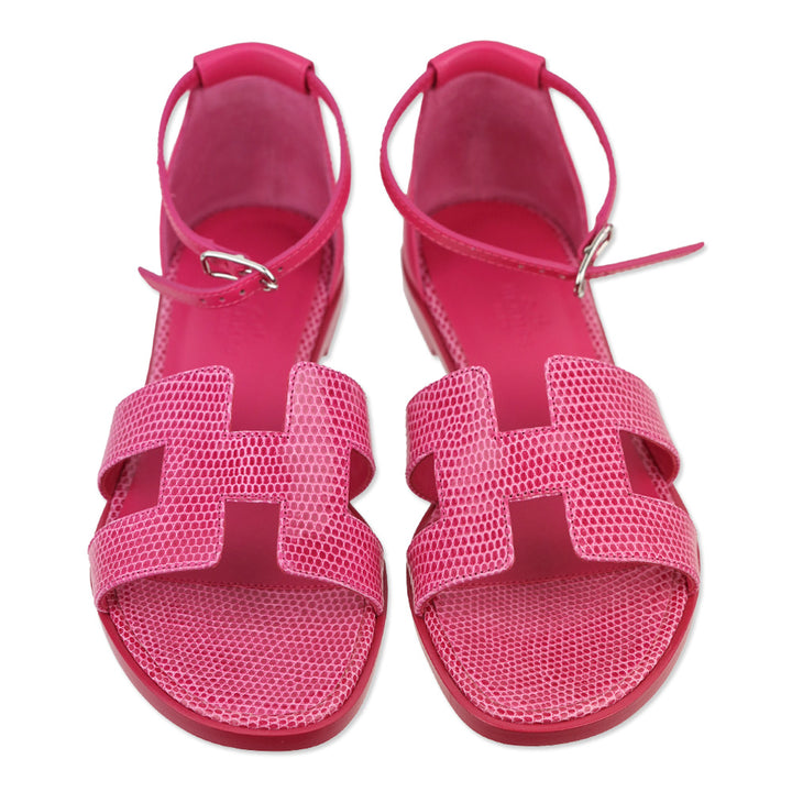Hermès Rose Flash Lizard Santorini Sandals Palladium Hardware