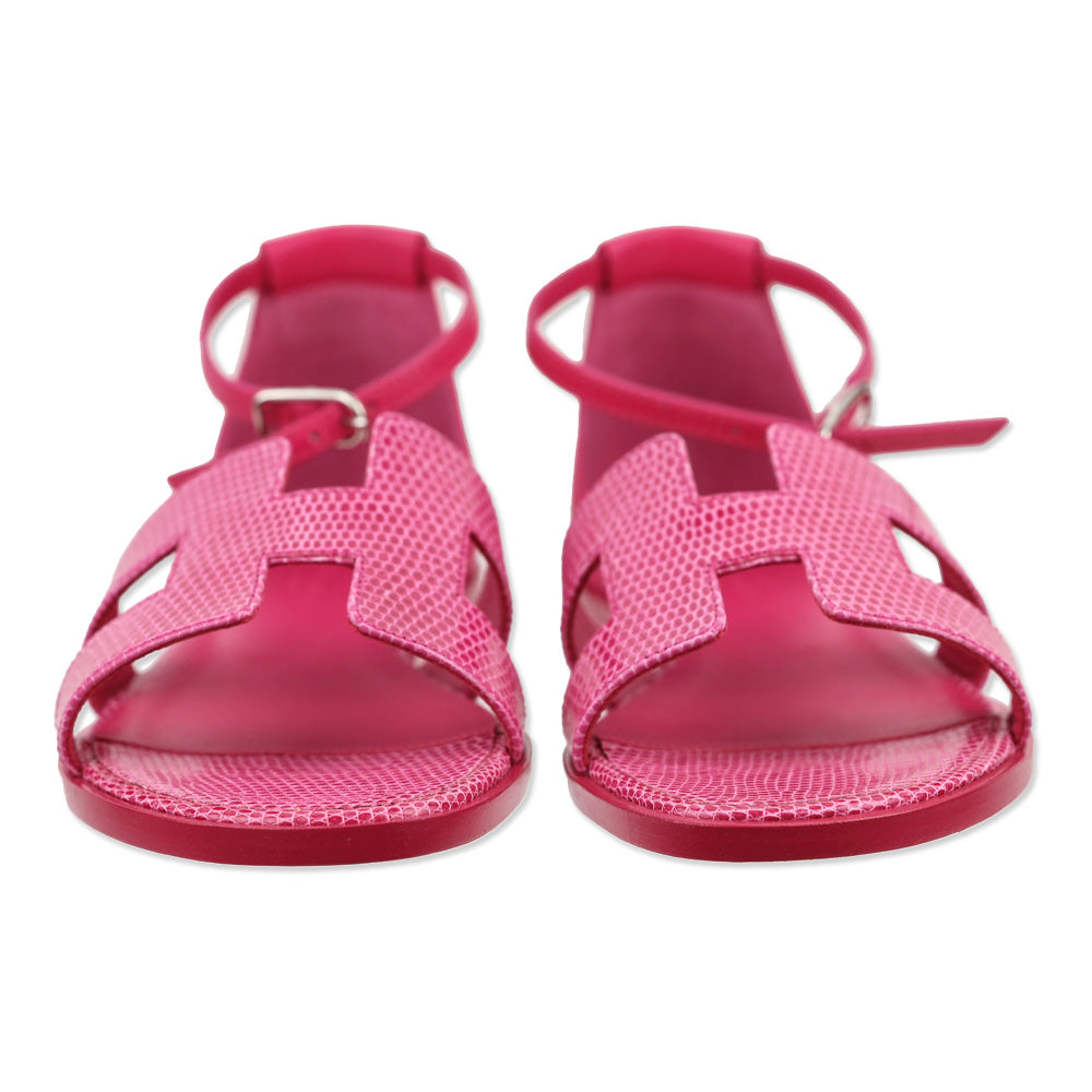 Hermès Rose Flash Lizard Santorini Sandals Palladium Hardware