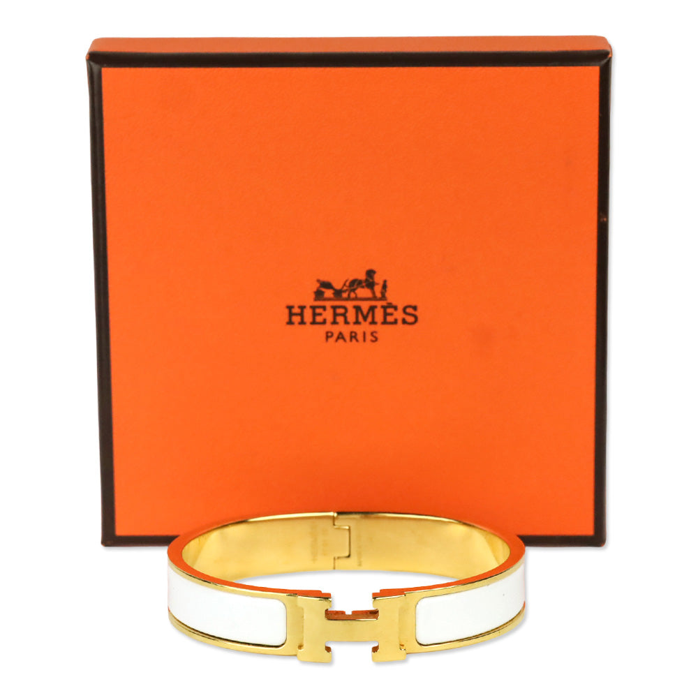 Hermès White Enamel Gold Plated Narrow Clic H Bracelet
