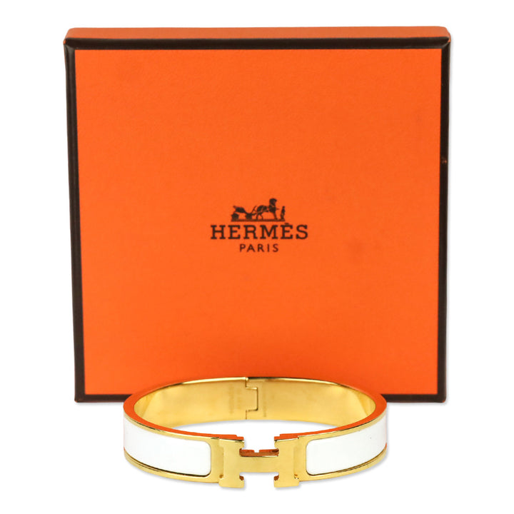 Hermès White Enamel Gold Plated Narrow Clic H Bracelet