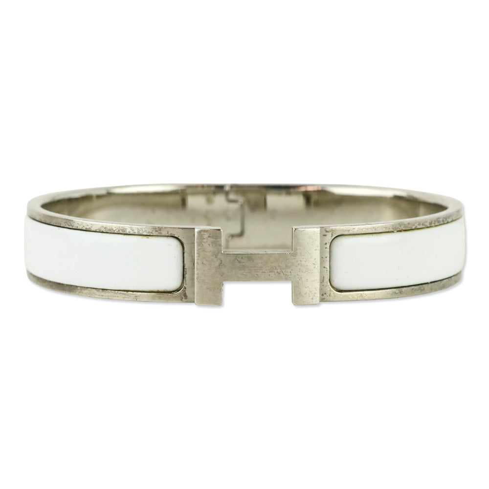 Hermès White Enamel Silver Clic H Bracelet