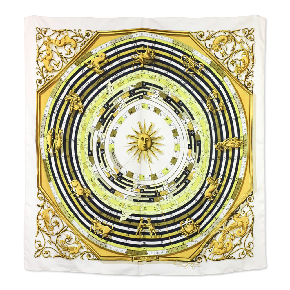 Hermès White/Yellow "Dies et Hore" Carré 90 Scarf