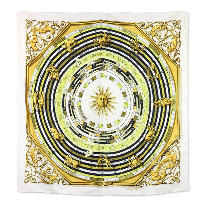 Hermès White/Yellow "Dies et Hore" Carré 90 Scarf
