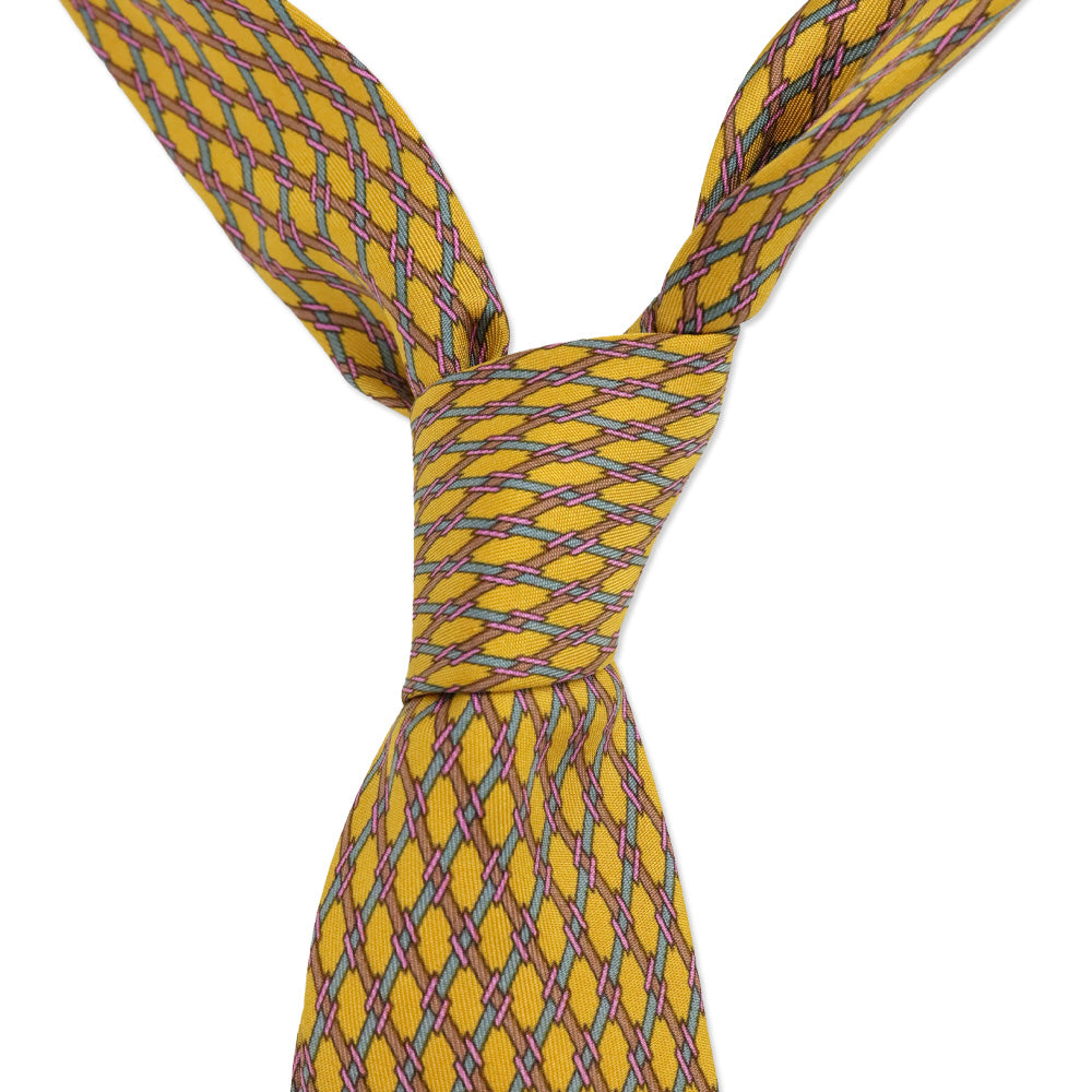 Hermès Yellow Diamond Lattice Printed Silk Tie