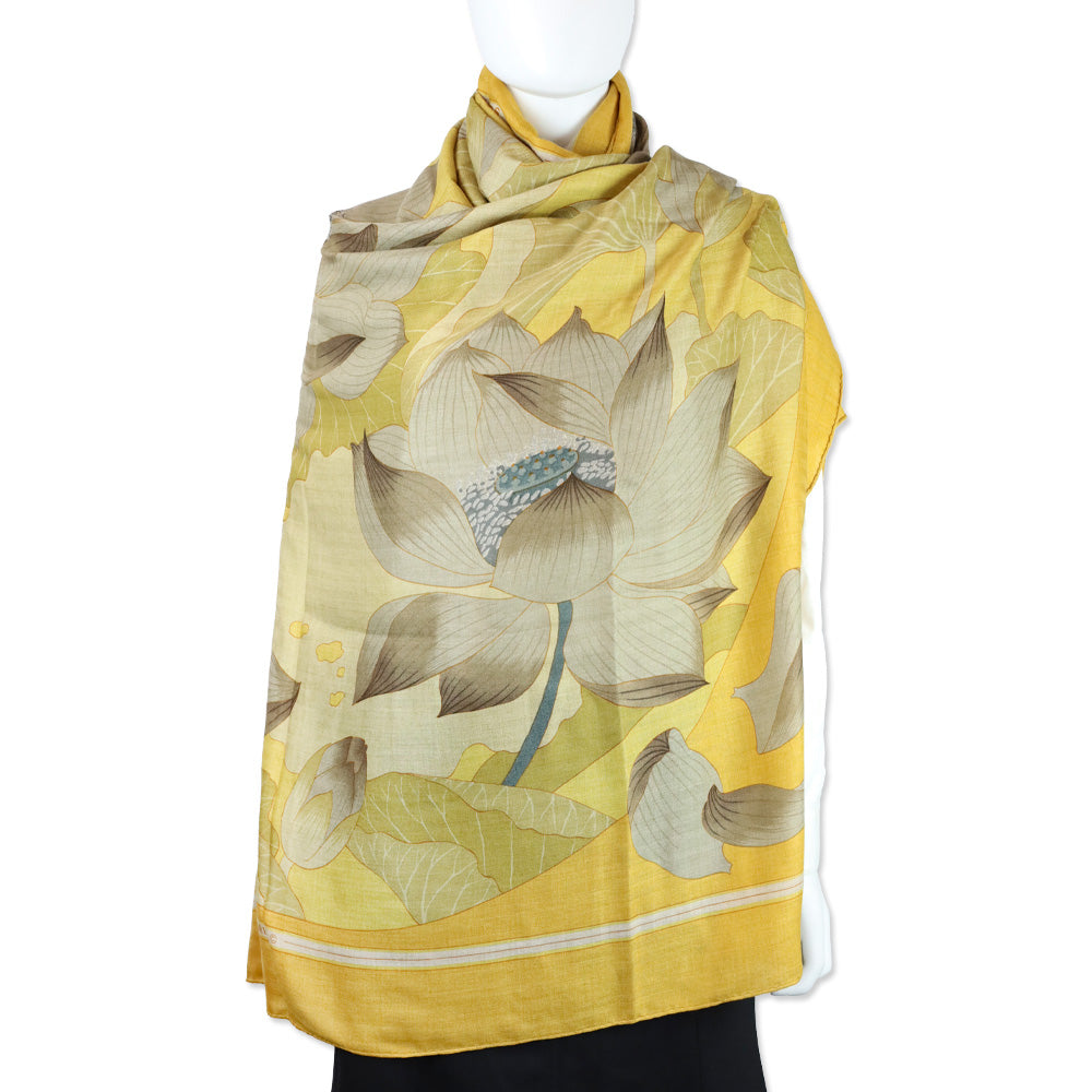 Hermes Yellow Fleurs de Lotus Cashmere Silk Shawl
