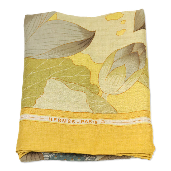 Hermes Yellow Fleurs de Lotus Cashmere Silk Shawl