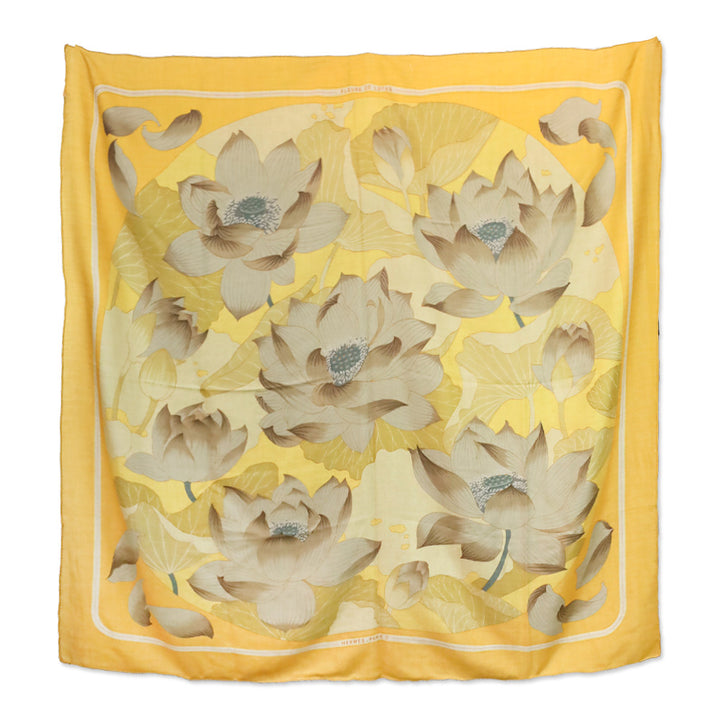 Hermes Yellow Fleurs de Lotus Cashmere Silk Shawl
