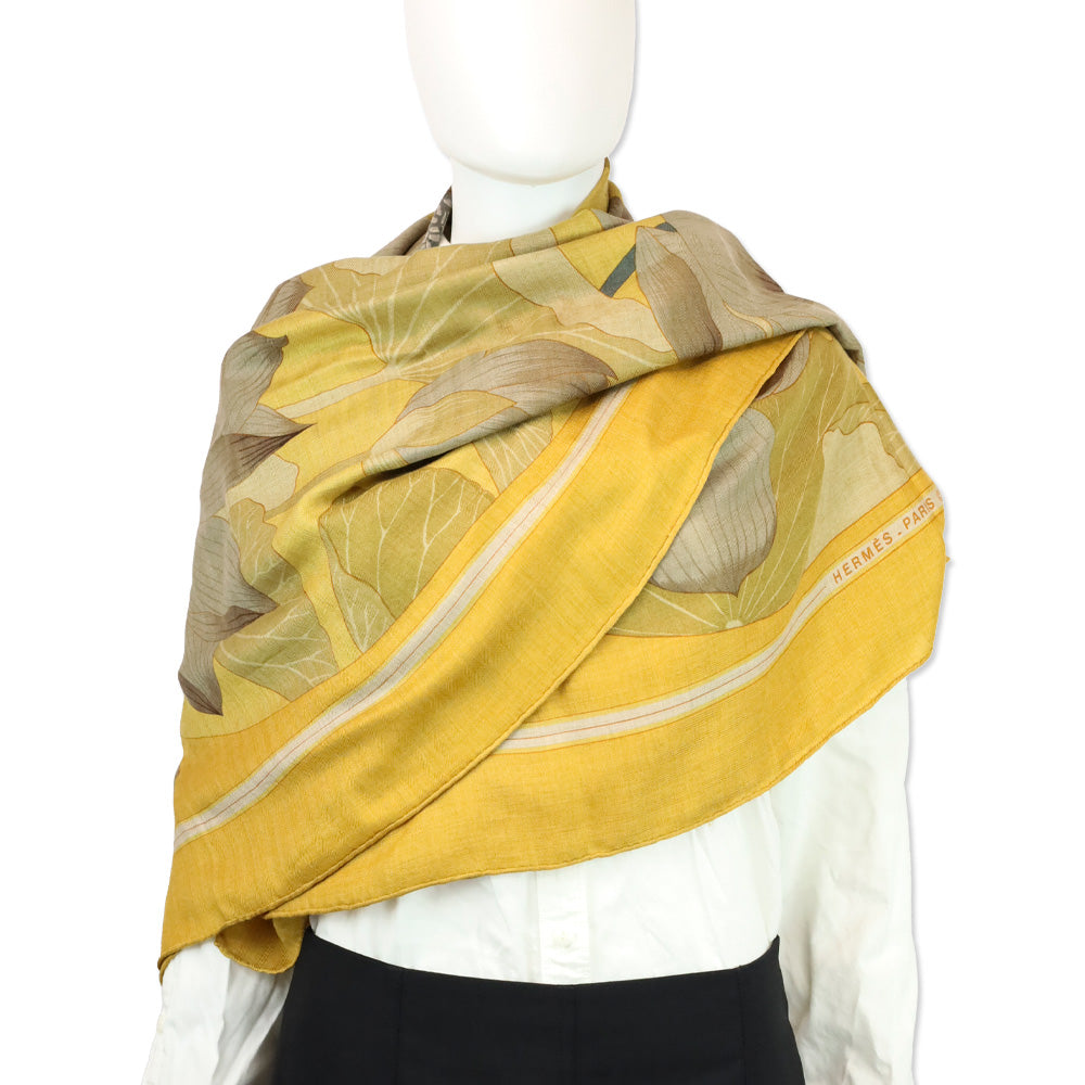 Hermes Yellow Fleurs de Lotus Cashmere Silk Shawl
