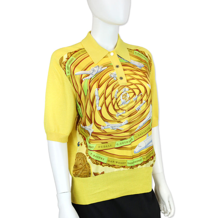 Hermes Yellow Reves D'espace Print Silk Cotton-Knit Polo Sweater