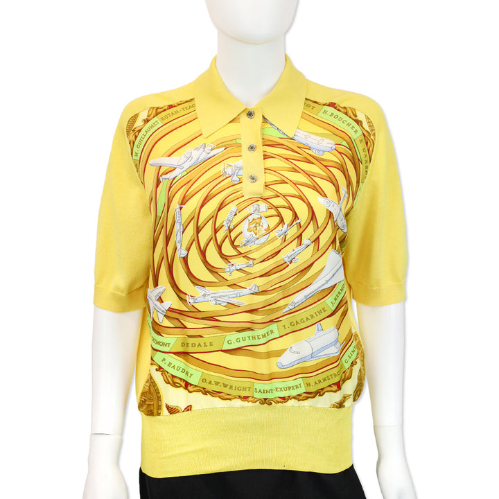 Hermes Yellow Reves D'espace Print Silk Cotton-Knit Polo Sweater