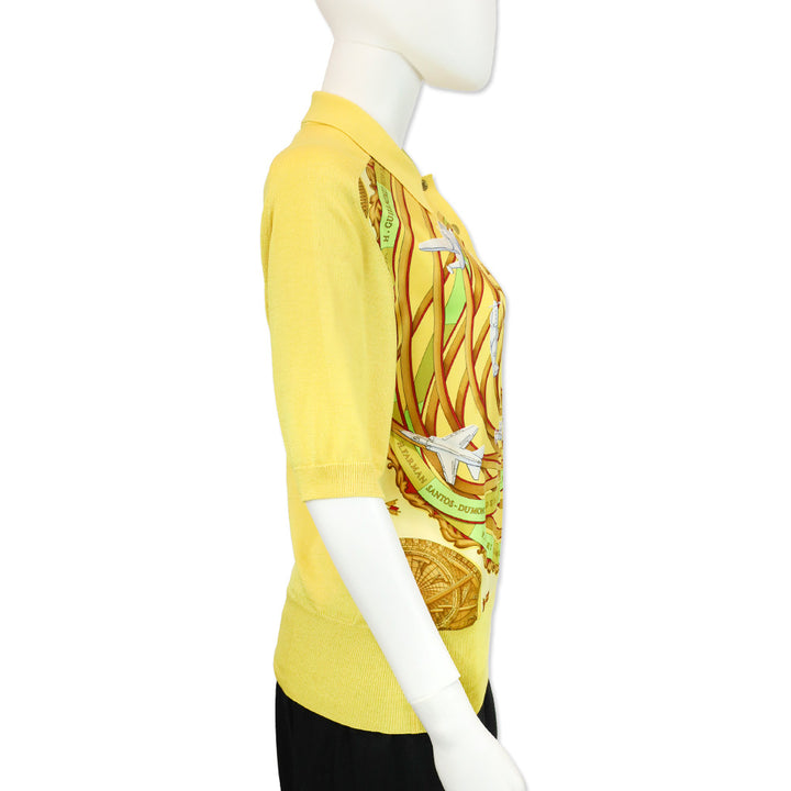 Hermes Yellow Reves D'espace Print Silk Cotton-Knit Polo Sweater