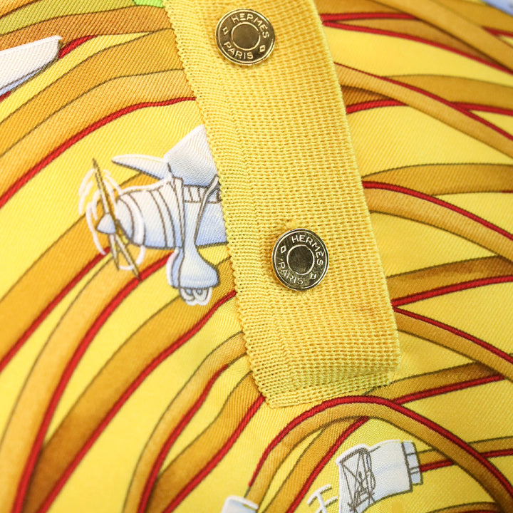 Hermes Yellow Reves D'espace Print Silk Cotton-Knit Polo Sweater