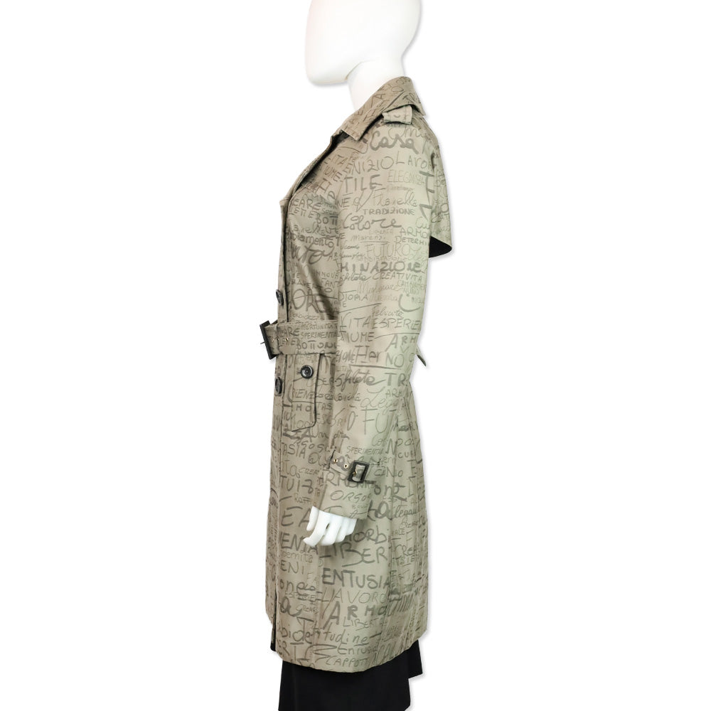 Herno 70th Anniversary Grey Allover Text Print Belted Trench Coat
