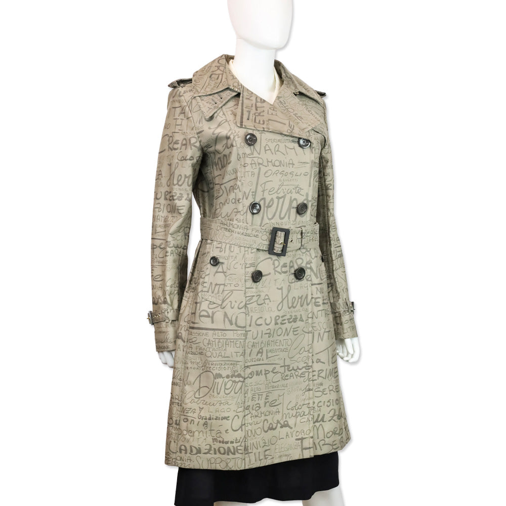 Herno 70th Anniversary Grey Allover Text Print Belted Trench Coat