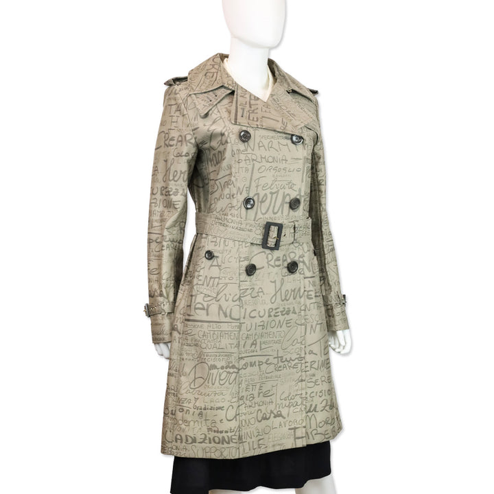Herno 70th Anniversary Grey Allover Text Print Belted Trench Coat