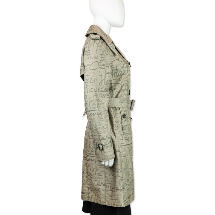 Herno 70th Anniversary Grey Allover Text Print Belted Trench Coat