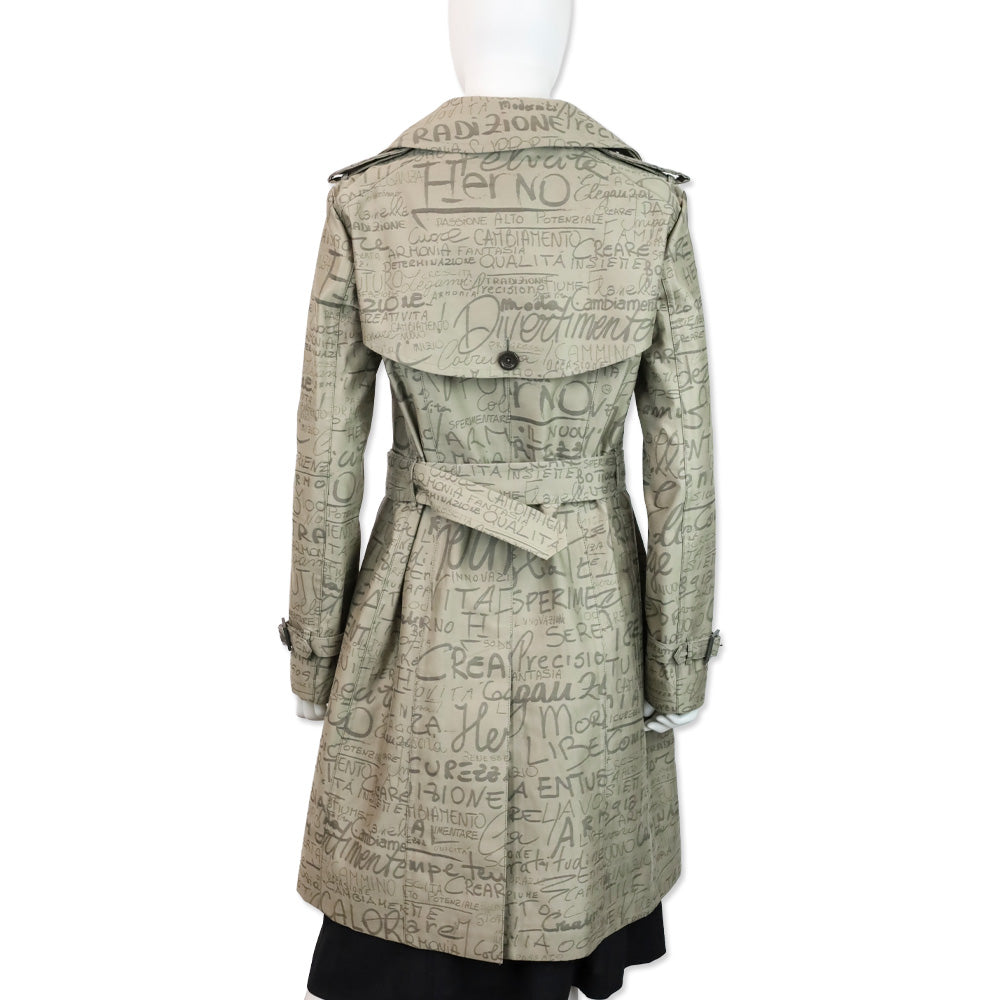 Herno 70th Anniversary Grey Allover Text Print Belted Trench Coat