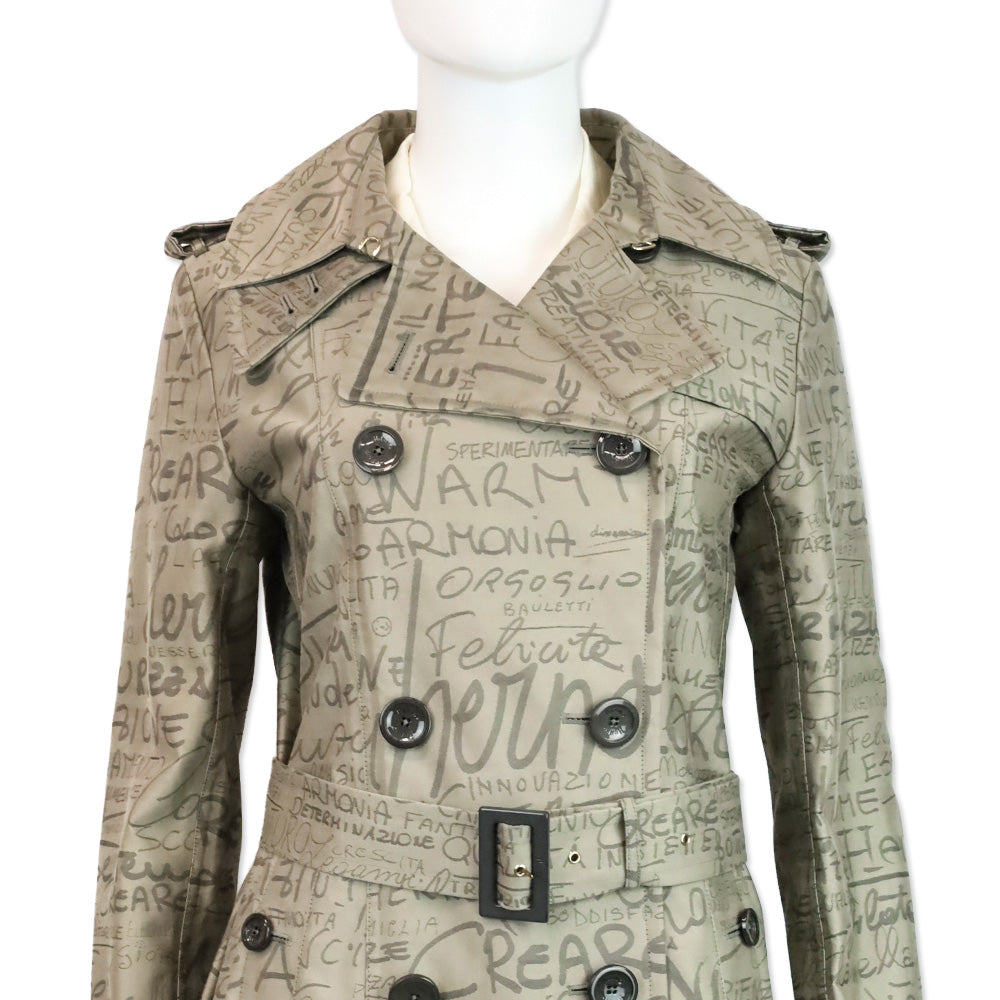 Herno 70th Anniversary Grey Allover Text Print Belted Trench Coat